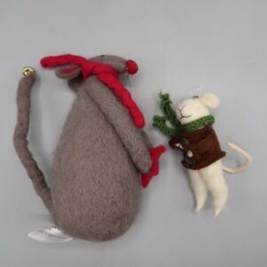 Creative Co-Op Faux Wool Felt Gray Mouse in red scarf and gloves & Mini White